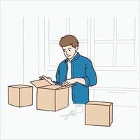 homme emballant des boîtes pour livrer des marchandises aux clients, dessin vectoriel et illustration.