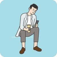homme assis et relaxant, utilisant un smartphone et tenant une tasse de café. vecteur