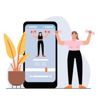 une jeune femme fait du sport en utilisant une application sur un smartphone. illustration vectorielle plane vecteur