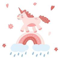 licorne mignonne sur arc-en-ciel avec nuage et gouttes de pluie dans un style plat de dessin animé. illustration vectorielle de bébé cheval, poney animal de couleur rose pour l'impression de tissu, vêtements, conception textile pour enfants, carte vecteur