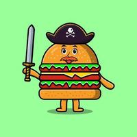 mignon, dessin animé, mascotte, burger, pirate, tenue, épée vecteur