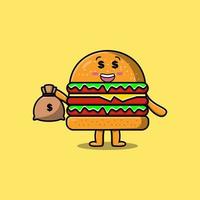dessin animé mignon burger riche fou avec sac d'argent vecteur