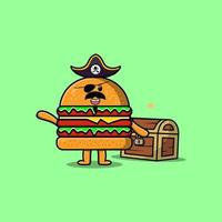 pirate de burger de dessin animé mignon avec boîte au trésor vecteur
