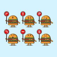 personnage de dessin animé de burger tenant un panneau de signalisation
