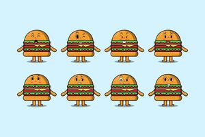 Définir le dessin animé kawaii burger avec des expressions vecteur