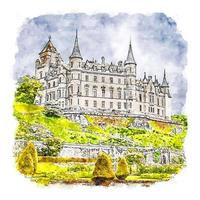 château de dunrobin france croquis aquarelle illustration dessinée à la main vecteur