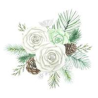 bouquet de roses blanches, plantes succulentes, branches d'épinette, illustration aquarelle vecteur