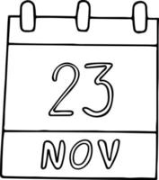 calendrier dessiné à la main dans un style doodle. 23 novembre. journée mondiale de l'aquarelle, date. icône, élément autocollant pour la conception. planification, vacances d'affaires vecteur