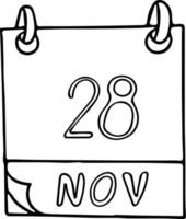 calendrier dessiné à la main dans un style doodle. 28 novembre. journée mondiale de la compassion, date. icône, élément autocollant pour la conception. planification, vacances d'affaires vecteur