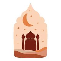 affiche islamique de fenêtre et d'arche de style oriental avec un design de style bohème moderne, lune, étoiles, mosquée. illustration vectorielle. vecteur