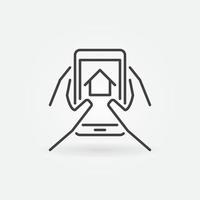 icône linéaire de l'application mobile immobilière. mains avec signe de smartphone vecteur