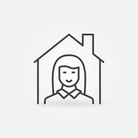 femme à l'intérieur de l'icône de la ligne de la maison. symbole de l'agent immobilier de vecteur