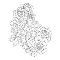 bouquet de fleurs roses rouges contour vector art avec des feuilles de roses pour coloriage adulte