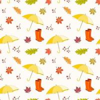 modèle sans couture avec parapluies, bottes en caoutchouc et feuilles d'automne. illustration vectorielle, arrière-plan pour l'automne, récolte, célébration de thanksgiving, conception de cartes de voeux, scrapbooking, textile. vecteur