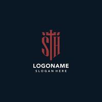 sh logos monogrammes initiaux avec un design en forme d'épée et de bouclier vecteur