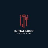 lt logos monogrammes initiaux avec un design en forme d'épée et de bouclier vecteur