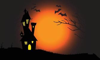 conception de maison sous la lune à halloween avec arbres et chauves-souris, arrière-plan thème halloween vecteur