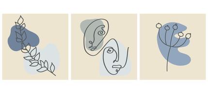 divers visages, feuilles et formes abstraites. illustrations vectorielles contemporaines sur fond de couleur. ligne, concept élégant minimaliste. parfait pour les médias sociaux, les cartes, les cartes postales. vecteur