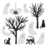 ensemble de fantômes, de chats et d'araignées vectoriels. mignons emenets d'halloween mis en style cartoon vecteur