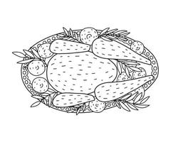 vue de dessus illustration vectorielle de plat de dinde. page de coloriage de repas de dinde dessiné à la main vecteur