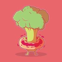 personnage de brocoli avec une illustration de vecteur de beignet. nourriture, concept de design drôle et sain.