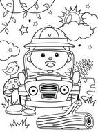 dessin animé d'un garçon en voiture dans la jungle coloriages vecteur