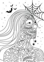 page de coloriage pour adultes, portrait d'une jeune fille à halloween ou le jour de la mort vecteur