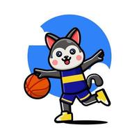 heureux mignon husky jouant au basket vecteur