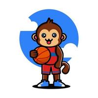 heureux singe mignon jouant au basket vecteur