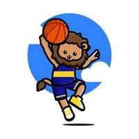 heureux mignon lion jouant au basket vecteur