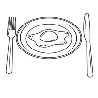 fourchette, couteau, assiette avec œuf au plat, portion, coutellerie, contour, ligne, griffonnage, coloration vecteur