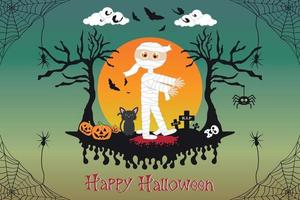 mignon momie egypte joyeux halloween personnage citrouille chauve-souris arbres fantasmagoriques avec illustration d'ombre au clair de pleine lune vecteur