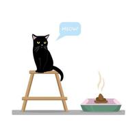 un chat noir est assis à côté des toilettes. le chat demande de nettoyer les toilettes derrière elle. illustration vectorielle vecteur