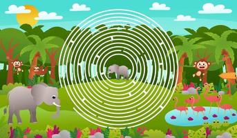 labyrinthe de cercle de forêt de jungle tropicale pour les enfants avec des personnages mignons d'éléphants et des flamants roses avec des grenouilles, aide à trouver le bon chemin, feuille de travail imprimable en style dessin animé pour l'école, thème de la faune animale vecteur