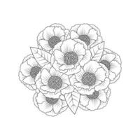 bouquet de fleurs de pivoine art de griffonnage de fleur coloriage contour vecteur graphique fond isolé