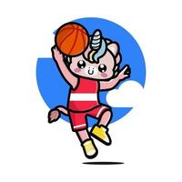heureuse licorne mignonne jouant au basket vecteur