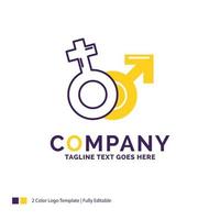 création du logo du nom de l'entreprise pour le sexe, vénus, mars, homme, femme. conception de nom de marque violet et jaune avec place pour le slogan. vecteur