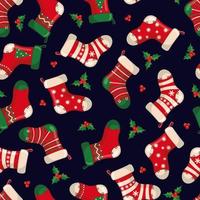 Joli motif sans couture avec des chaussettes rouges du père Noël dans un style plat pour les vacances de noël et du nouvel an. illustration vectorielle. élément de design pour textile, tissu, papier peint ou etc. vecteur