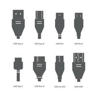 silhouette de connecteurs de câble. jeu d'icônes usb, hdmi, ethernet. connecteurs mini, micro, foudre, type a, b, c. illustration vectorielle fond transparent vecteur