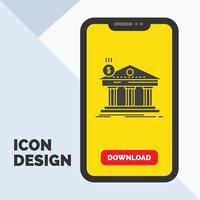 architecture. banque. bancaire. imeuble. icône de glyphe fédéral dans la page de téléchargement mobile. fond jaune vecteur