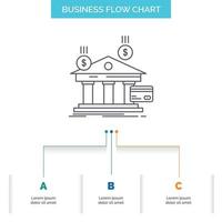 banque, paiements, banque, finance, conception d'organigramme d'affaires monétaires en 3 étapes. icône de ligne pour le modèle d'arrière-plan de présentation place pour le texte vecteur