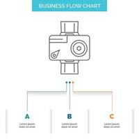 caméra. action. numérique. vidéo. conception d'organigramme d'entreprise photo en 3 étapes. icône de ligne pour le modèle d'arrière-plan de présentation place pour le texte vecteur