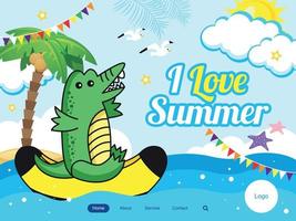 bannière de thème d'été. illustration vectorielle d'un joli tour de crocodile drôle sur un bateau banane. plaisirs aquatiques d'été. concept d'illustration vectorielle mignon pour le développement de sites Web et de sites Web mobiles vecteur