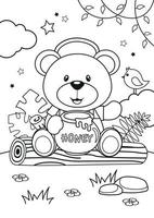 page de coloriage pour enfants avec un ours mignon dans la forêt vecteur