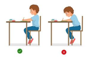 postures correctes et incorrectes du corps assis du petit garçon étudiant au bureau vecteur