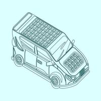 style de contour modifiable isométrique de type trois-quarts haut oblique vue de face voiture électrique avec panneau solaire pour véhicule écologique futuriste et vie verte ou campagne d'énergie renouvelable vecteur