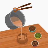 illustration vectorielle modifiable trois quarts vue de dessus de verser le masala chai de la casserole dans une tasse de poterie avec des bols d'épices aux herbes sur une table en bois pour le concept de boissons de la culture et de la tradition sud-asiatiques vecteur