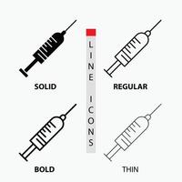 seringue. injection. vaccin. aiguille. icône de tir en fin. habituel. ligne en gras et style de glyphe. illustration vectorielle vecteur