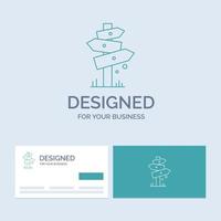 direction. planche. camping. pancarte. symbole d'icône de ligne de logo d'entreprise d'étiquette pour votre entreprise. cartes de visite turquoise avec modèle de logo de marque vecteur