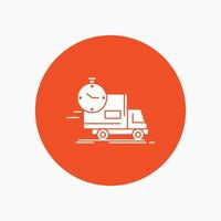 livraison. temps. expédition. le transport. icône de glyphe blanc de camion en cercle. illustration de bouton de vecteur